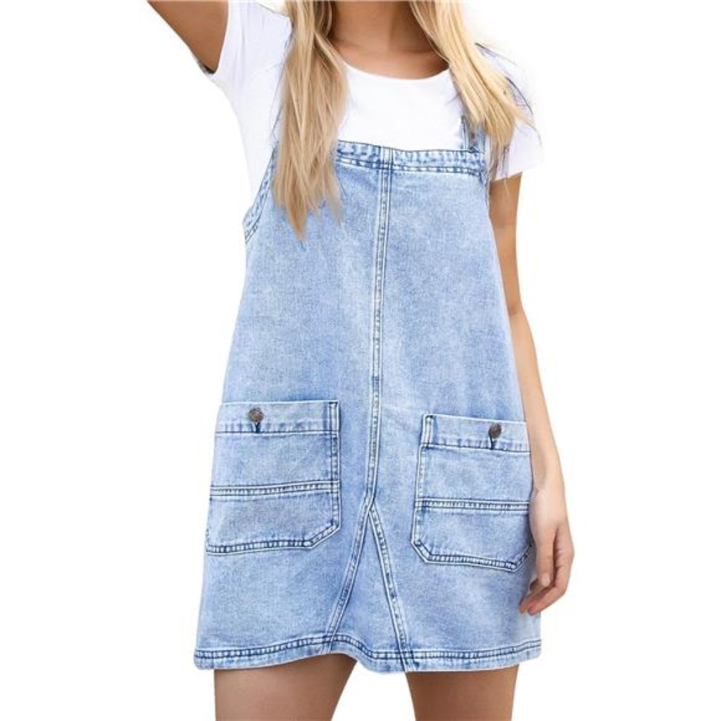 Women's Denim Overall Dress Jean Mini Romper With Adjustable Strap And Pockets
